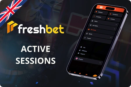 Freshbet active sessions list showing logged-in devices with browser names and timestamps