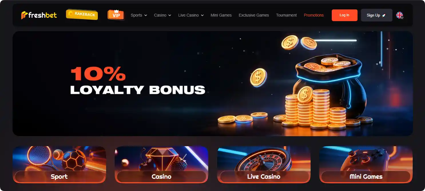 Freshbet Casino main lobby page showing game categories and slot thumbnails for UK players