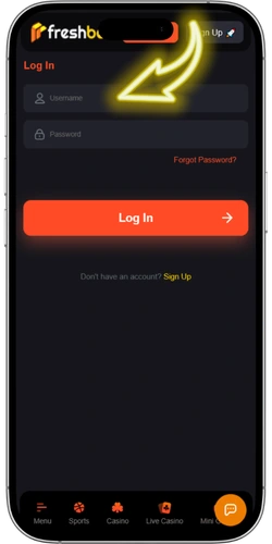 Freshbet login form with email and password input fields highlighted