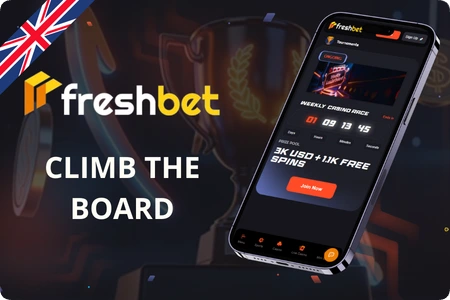 Active tournament leaderboard showing player ranks and prize pool countdown at Freshbet